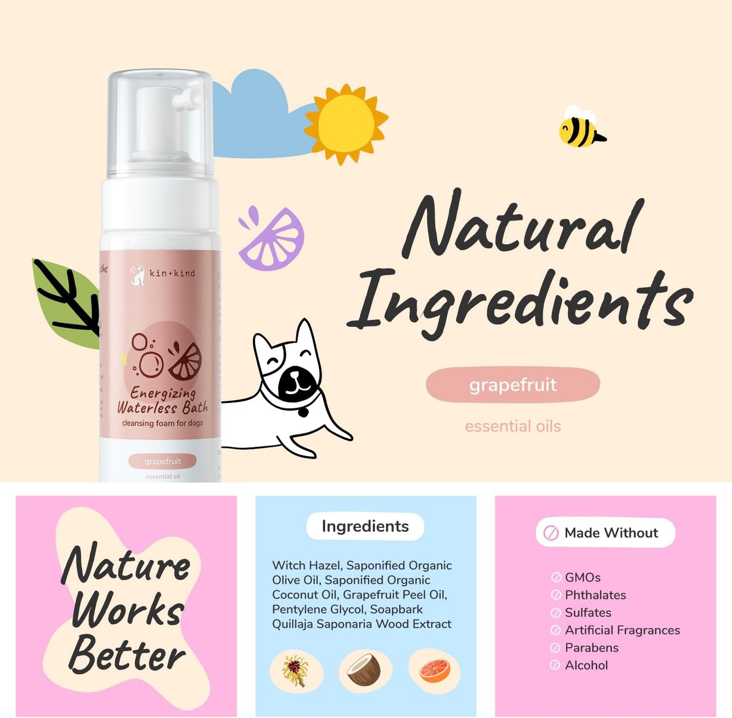 Waterless Dry Shampoo for Dogs - Rinse-Free, Eliminate Itch and Odor, Natural Formula with Witch Hazel, Coconut Oil, Olive Oil and Grapefruit - Made in USA