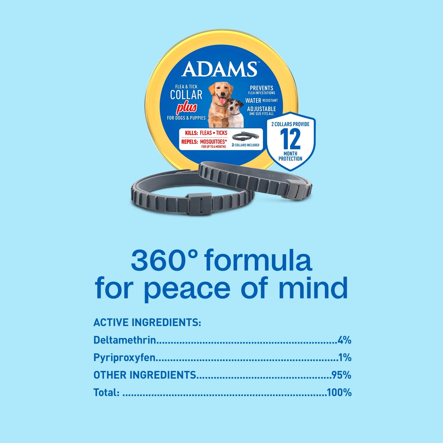 Flea & Tick Collar for Dogs & Puppies, 2 Pack, 12 Month Protection, Adjustable One Size, Kills Fleas, Ticks & Repels Mosquitoes, excluding California