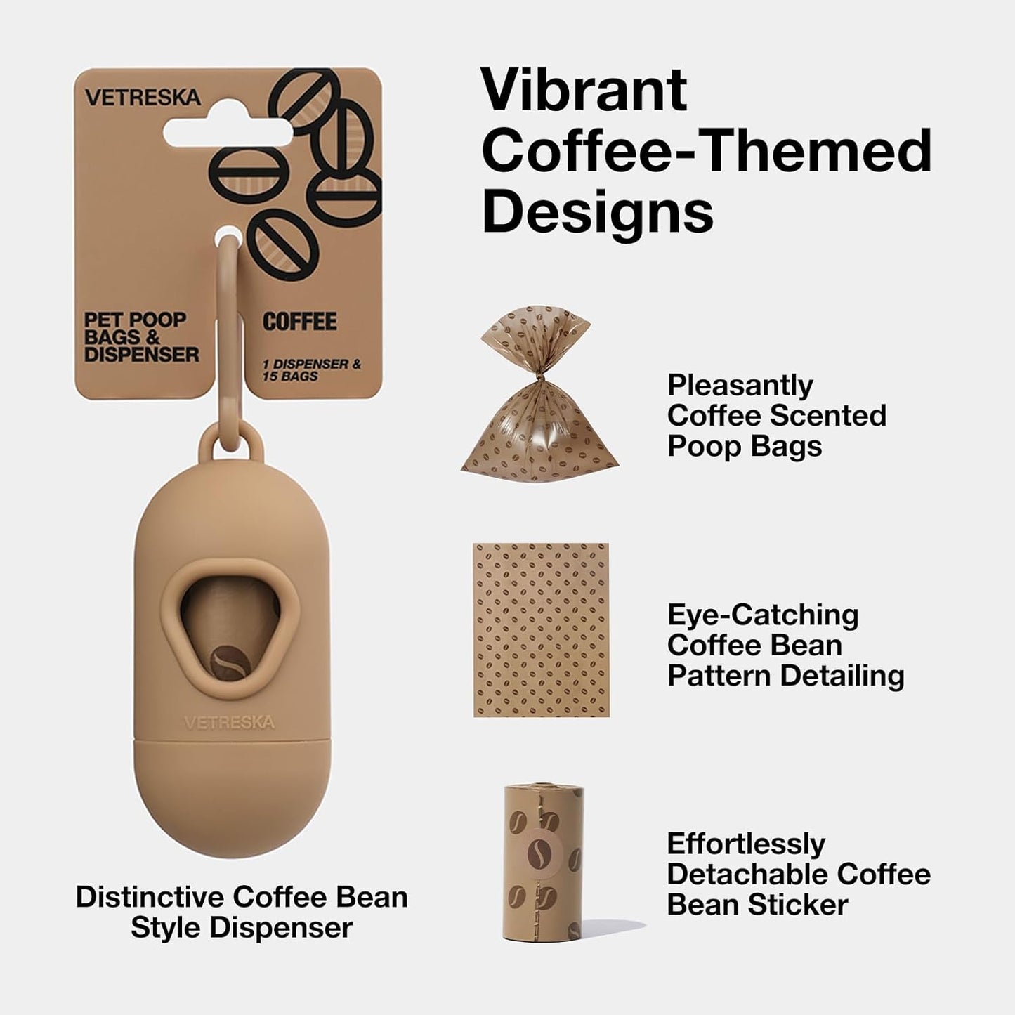 Dog Poop Bags Dispenser with Coffee Scented Waste Bags, Leak Proof, Extra Thick & Strong, 1 Holder and 105 Count Pet Poop Bags (7 Refill Rolls) for Dogs and Cats