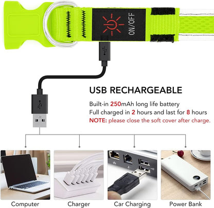 Light up Dog Collar, USB Rechargeable LED Puppy Collar Super Bright Adjustable Glowing Dog Lights for Night Walking (Green, Small)