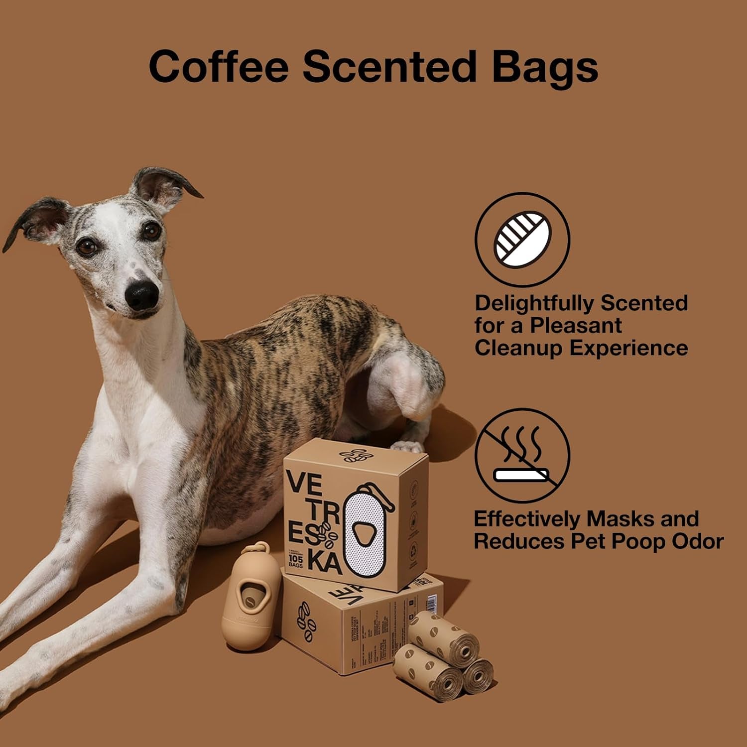 Dog Poop Bags Dispenser with Coffee Scented Waste Bags, Leak Proof, Extra Thick & Strong, 1 Holder and 105 Count Pet Poop Bags (7 Refill Rolls) for Dogs and Cats