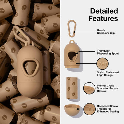 Dog Poop Bags Dispenser with Coffee Scented Waste Bags, Leak Proof, Extra Thick & Strong, 1 Holder and 105 Count Pet Poop Bags (7 Refill Rolls) for Dogs and Cats