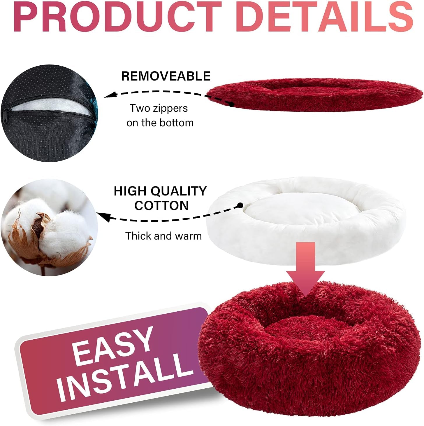 Donut Dog Bed,Washable Calming Pet Bed with Zip,Fluffy round Dog Beds& Furniture for Small Medium Large Dogs Cats