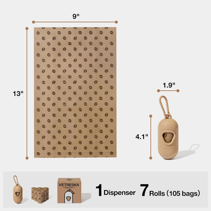 Dog Poop Bags Dispenser with Coffee Scented Waste Bags, Leak Proof, Extra Thick & Strong, 1 Holder and 105 Count Pet Poop Bags (7 Refill Rolls) for Dogs and Cats