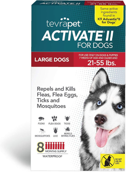 Activate II Flea and Tick Prevention for Dogs | Large Dogs 21-55 Lbs | Fast Acting Flea Drops | 8 Month Supply | Vet Quality Protection
