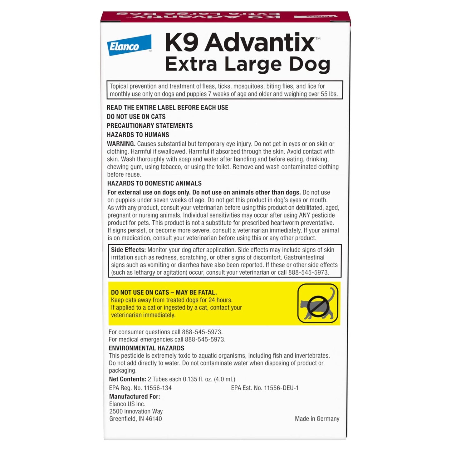 K9 Advantix Flea, Tick & Mosquito Prevention for Extra Large Dogs over 55 Lbs., 2-Monthly Treatments