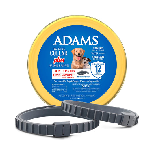 Flea & Tick Collar for Dogs & Puppies, 2 Pack, 12 Month Protection, Adjustable One Size, Kills Fleas, Ticks & Repels Mosquitoes, excluding California
